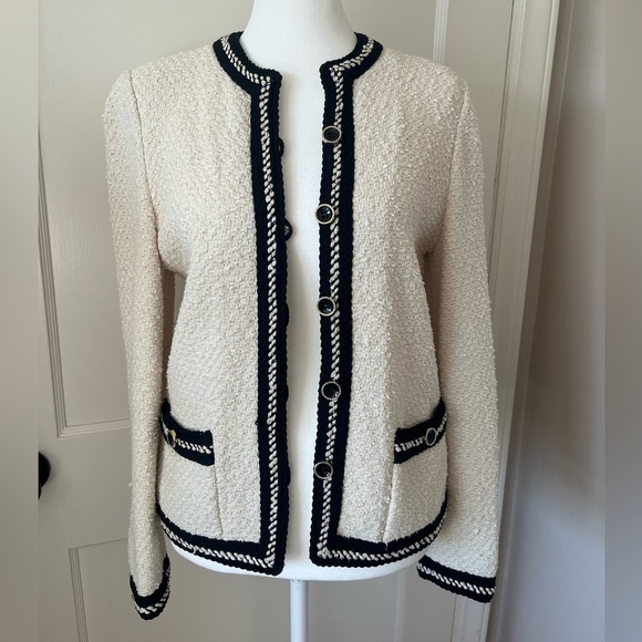 VTG Cream and Black Textured boucle Cardigan jacket top 8 M old money preppy - Picture 1 of 9